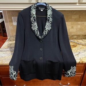 St. John Black Blazer with White Embroidery